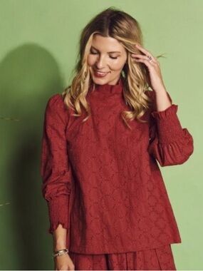 Buru Long Sleeve Cotton Mod Blouse Crimson Eyelet Size XL